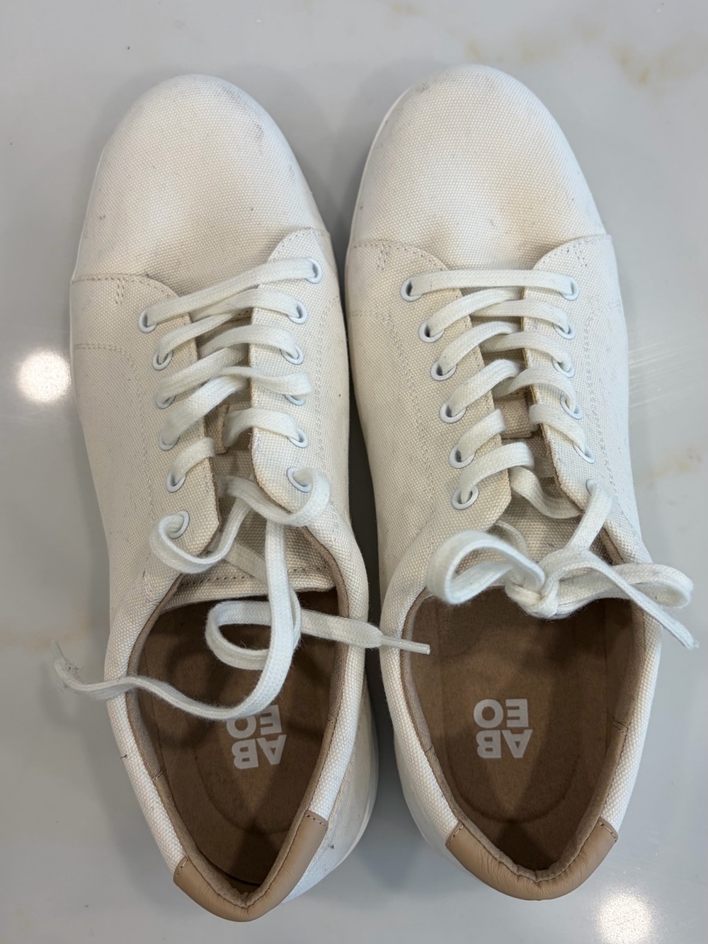 Abeo Women's Off-White Canvas Lace-Up Sneakers with Tan Heel